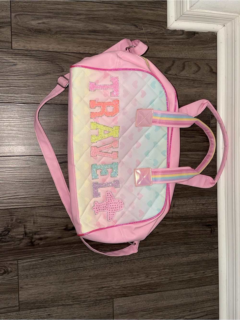 Pink Kids Quilted Duffle Bag with Rainbow Handles